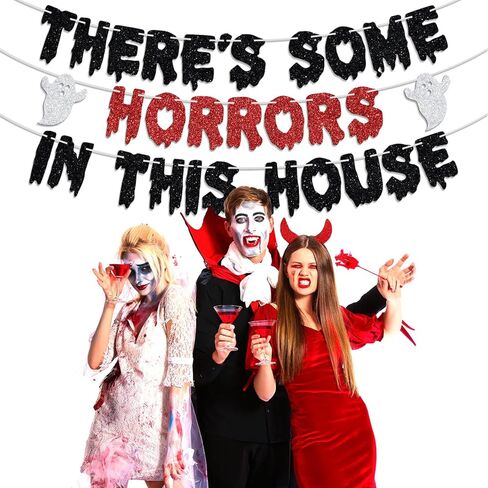 There's Some Horrors in This House Banner - Have a Killer Birthday/Scream Bloody Slayer Murder theme Spooky Creepy Decor Sign, Halloween Horror Movie Night Party Decoration Supplies in Saudi Arabia