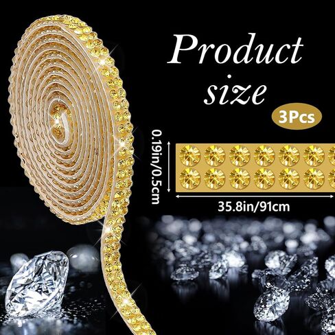 Sibba 3 Rolls Self Adhesive Rhinestone Ribbon, Bling Crystal Rhinestone Strips Tape Glitter Fabric Trim for DIY Crafts Clothes Car Shoes Party Decor Embellishments, Gold in Saudi Arabia