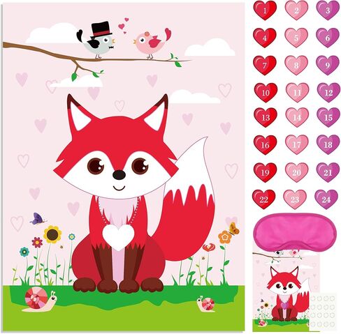 FEPITO Pin The Heart on The Fox Valentines Game with 24Pcs Heart Stickers for Valentines Party Supplies, Kids Birthday Party Decoration in Saudi Arabia