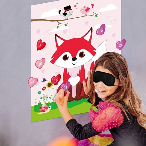 FEPITO Pin The Heart on The Fox Valentines Game with 24Pcs Heart Stickers for Valentines Party Supplies, Kids Birthday Party Decoration in Saudi Arabia