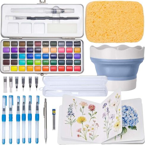 مجموعة طلاء بالألوان المائية 50 لونًا، مجموعة رسم مع كتاب تلوين، فرش مياه، غسالة، صندوق تخزين، إسفنجة كبيرة وقلم رصاص ميكانيكي، مستلزمات فنية، مجموعة ألوان مائية للسفر، هواة الهواة in Kuwait