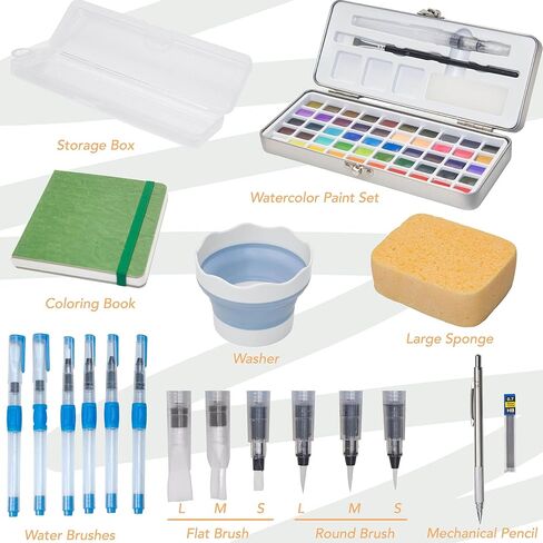 مجموعة طلاء بالألوان المائية 50 لونًا، مجموعة رسم مع كتاب تلوين، فرش مياه، غسالة، صندوق تخزين، إسفنجة كبيرة وقلم رصاص ميكانيكي، مستلزمات فنية، مجموعة ألوان مائية للسفر، هواة الهواة in Kuwait