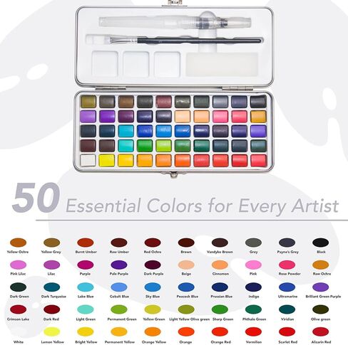 مجموعة طلاء بالألوان المائية 50 لونًا، مجموعة رسم مع كتاب تلوين، فرش مياه، غسالة، صندوق تخزين، إسفنجة كبيرة وقلم رصاص ميكانيكي، مستلزمات فنية، مجموعة ألوان مائية للسفر، هواة الهواة in Kuwait