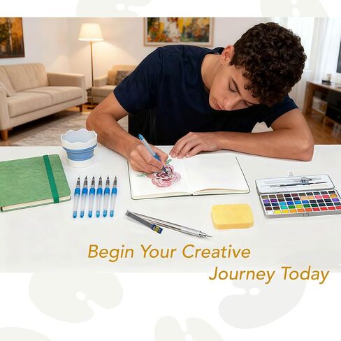 مجموعة طلاء بالألوان المائية 50 لونًا، مجموعة رسم مع كتاب تلوين، فرش مياه، غسالة، صندوق تخزين، إسفنجة كبيرة وقلم رصاص ميكانيكي، مستلزمات فنية، مجموعة ألوان مائية للسفر، هواة الهواة in Kuwait
