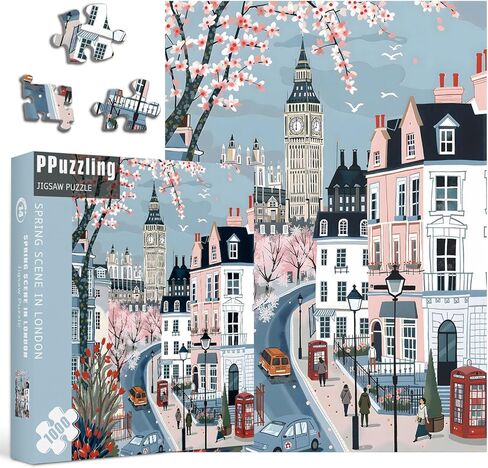 London Spring Puzzles for Adults 1000 Pieces, European Street Landscape Jigsaw Puzzle, Romantic Travel Scene Puzzle in Saudi Arabia