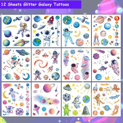 120 Pcs Glitter Galaxy Temporary Tattoos for Boys Kids, 12 Sheets Outer Space Tattoos for Boys Children Birthday Party Supplies Favors Spaceship Decorations in Kuwait