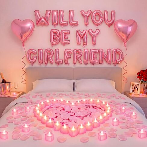 Will You Be My Girlfriend Balloon Valentines Proposal Decor 24 LED Flameless Tealight Heart Candle 2000 Artificial Rose Petals Love Balloon for Valentine Decor Romantic Special Night(Red) in Saudi Arabia