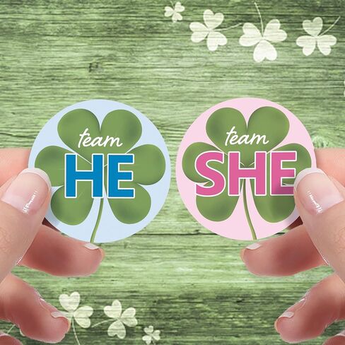 St. Patrick's Day Gender Reveal Party - Team He or Team She Shamrock Stickers - What Will Our Lucky Charm Be - 40 Count - 1.75" Round Labels in Saudi Arabia