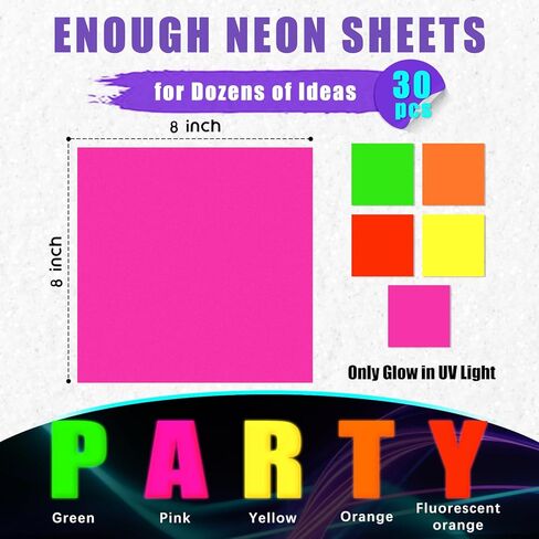 Whaline 30 Sheets Neon Card Stock Paper 8 x 8 Inch 5 Colors Glow in The Dark Square Cardstock for Birthday Wedding Dance Floor Game Party Decor DIY Crafts Supplies in Saudi Arabia