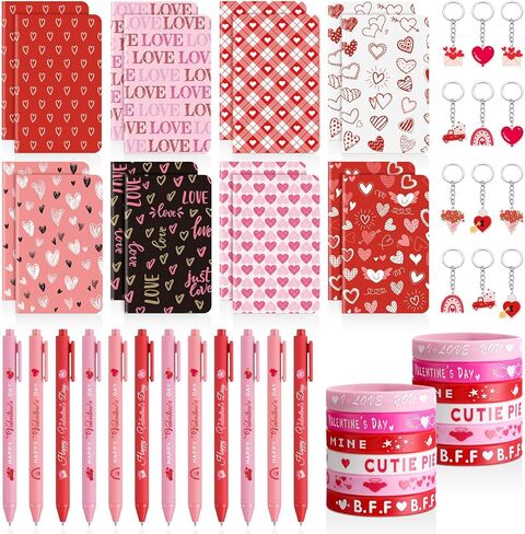 Funrous 48 Pack Valentine's Day Party Favors Valentine Gifts Bulk 12 Silicone Bracelet Wristbands 12 Notebooks 12 Ballpoint Pens 12 Keychains Heart Party Supplies for Gift Exchange Prizes Accessories in Saudi Arabia