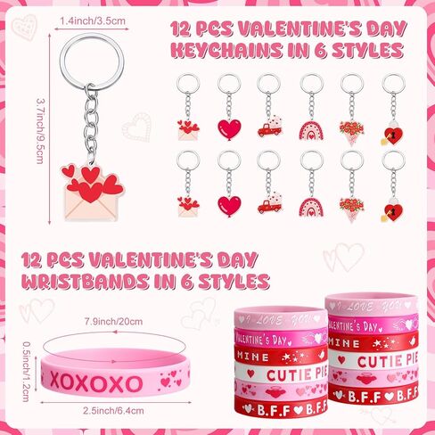Funrous 48 Pack Valentine's Day Party Favors Valentine Gifts Bulk 12 Silicone Bracelet Wristbands 12 Notebooks 12 Ballpoint Pens 12 Keychains Heart Party Supplies for Gift Exchange Prizes Accessories in Saudi Arabia