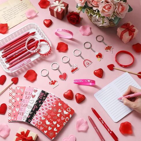 Funrous 48 Pack Valentine's Day Party Favors Valentine Gifts Bulk 12 Silicone Bracelet Wristbands 12 Notebooks 12 Ballpoint Pens 12 Keychains Heart Party Supplies for Gift Exchange Prizes Accessories in Saudi Arabia