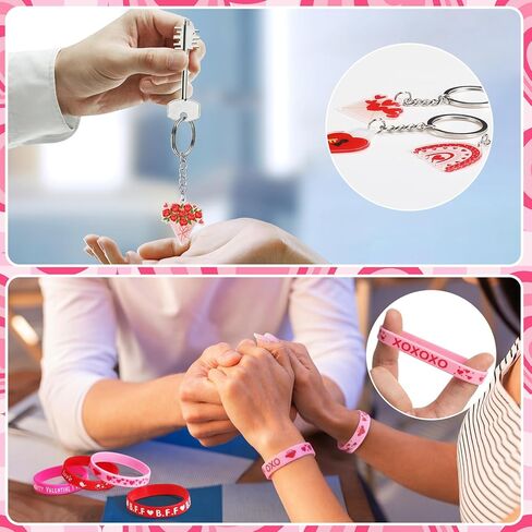 Funrous 48 Pack Valentine's Day Party Favors Valentine Gifts Bulk 12 Silicone Bracelet Wristbands 12 Notebooks 12 Ballpoint Pens 12 Keychains Heart Party Supplies for Gift Exchange Prizes Accessories in Saudi Arabia