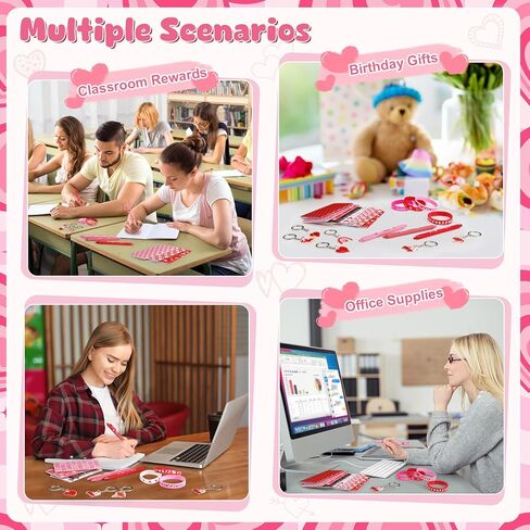 Funrous 48 Pack Valentine's Day Party Favors Valentine Gifts Bulk 12 Silicone Bracelet Wristbands 12 Notebooks 12 Ballpoint Pens 12 Keychains Heart Party Supplies for Gift Exchange Prizes Accessories in Saudi Arabia