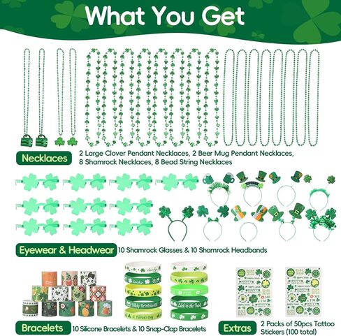 62 قطعة من إكسسوارات يوم القديس باتريك عصابات الرأس إكسسوارات خرز شامروك، St. مجموعة إكسسوارات عيد القديس باتريك هدايا الحفلات والنظارات والأساور وملصقات الوشم ومستلزمات المسيرات الديكورية in Kuwait