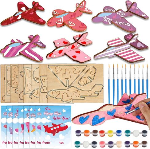 24 Sets Valentine's Day Gifts for Kids Make Your Own 3D Airplane Wood Planes DIY Painting Kits with Valentines Cards Unfinished Wooden Airplane Crafts Toys for Classroom Exchange Prizes Party Favors in Saudi Arabia