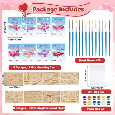 24 Sets Valentine's Day Gifts for Kids Make Your Own 3D Airplane Wood Planes DIY Painting Kits with Valentines Cards Unfinished Wooden Airplane Crafts Toys for Classroom Exchange Prizes Party Favors in Saudi Arabia
