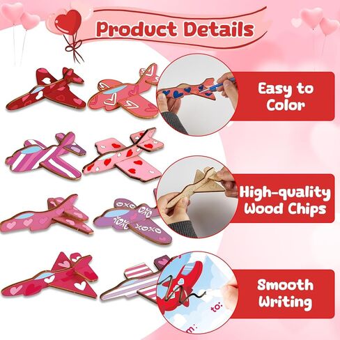 24 Sets Valentine's Day Gifts for Kids Make Your Own 3D Airplane Wood Planes DIY Painting Kits with Valentines Cards Unfinished Wooden Airplane Crafts Toys for Classroom Exchange Prizes Party Favors in Saudi Arabia
