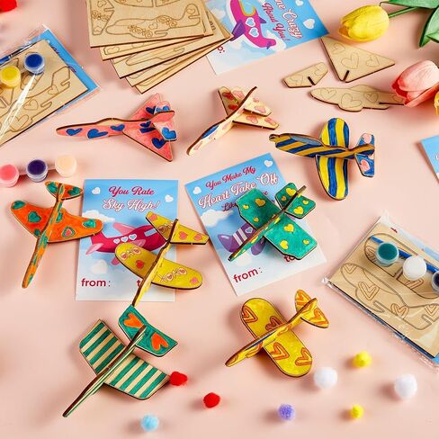 24 Sets Valentine's Day Gifts for Kids Make Your Own 3D Airplane Wood Planes DIY Painting Kits with Valentines Cards Unfinished Wooden Airplane Crafts Toys for Classroom Exchange Prizes Party Favors in Saudi Arabia