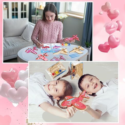 24 Sets Valentine's Day Gifts for Kids Make Your Own 3D Airplane Wood Planes DIY Painting Kits with Valentines Cards Unfinished Wooden Airplane Crafts Toys for Classroom Exchange Prizes Party Favors in Saudi Arabia