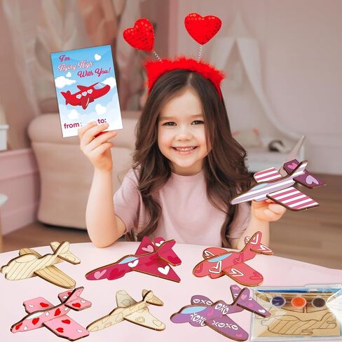 24 Sets Valentine's Day Gifts for Kids Make Your Own 3D Airplane Wood Planes DIY Painting Kits with Valentines Cards Unfinished Wooden Airplane Crafts Toys for Classroom Exchange Prizes Party Favors in Saudi Arabia