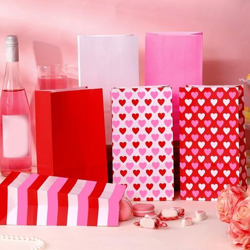 Sweetude 72 Pcs Valentines Day Heart Gifts Bags Bulk Valentines Party Favors Pink Red and White Goodies Bags Love Stripes Paper Candy Treat Cookie Snack for Classroom Gift Exchanging Supplies in Saudi Arabia