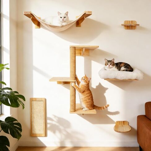 6in1 Cat Wall Shelves Climbing Systems, Large Cat Furniture Shelf Set Wall Hanging Mounted, Hammock Sisal Scratching Perch Bed 2 Steps Tower Tree for Indoor House Corner Ladder in Saudi Arabia