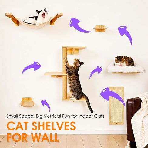 6in1 Cat Wall Shelves Climbing Systems, Large Cat Furniture Shelf Set Wall Hanging Mounted, Hammock Sisal Scratching Perch Bed 2 Steps Tower Tree for Indoor House Corner Ladder in Saudi Arabia