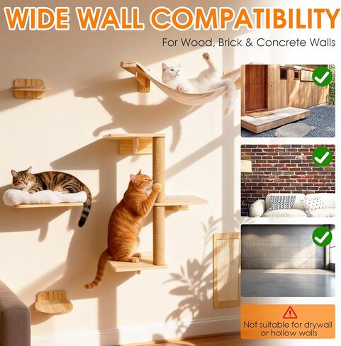 6in1 Cat Wall Shelves Climbing Systems, Large Cat Furniture Shelf Set Wall Hanging Mounted, Hammock Sisal Scratching Perch Bed 2 Steps Tower Tree for Indoor House Corner Ladder in Saudi Arabia