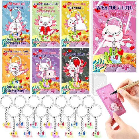 HyDren 28 Sets Valentine Axolotl Gifts for Kids Axolotl Keychains with Cards Gift for Valentine School Classroom Exchange Party Favors(Clear,Light Color) in Saudi Arabia