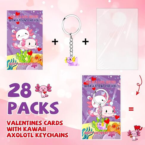 HyDren 28 Sets Valentine Axolotl Gifts for Kids Axolotl Keychains with Cards Gift for Valentine School Classroom Exchange Party Favors(Clear,Light Color) in Saudi Arabia