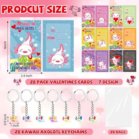 HyDren 28 Sets Valentine Axolotl Gifts for Kids Axolotl Keychains with Cards Gift for Valentine School Classroom Exchange Party Favors(Clear,Light Color) in Saudi Arabia