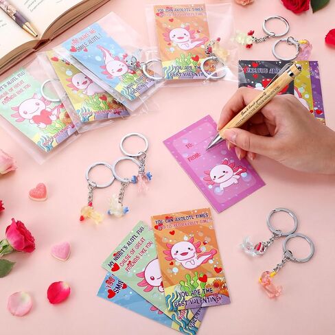 HyDren 28 Sets Valentine Axolotl Gifts for Kids Axolotl Keychains with Cards Gift for Valentine School Classroom Exchange Party Favors(Clear,Light Color) in Saudi Arabia