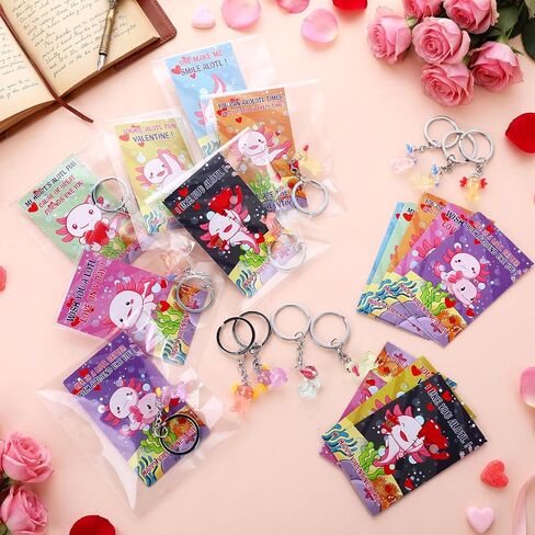 HyDren 28 Sets Valentine Axolotl Gifts for Kids Axolotl Keychains with Cards Gift for Valentine School Classroom Exchange Party Favors(Clear,Light Color) in Saudi Arabia