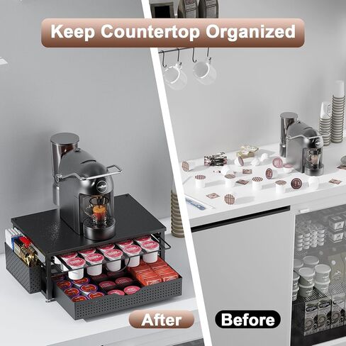 K Cup Holder, Coffee Pod Holder with 2 Tier Sliding Storage Drawer and 1 Hanging Basket for 51 Large or 73 Small Capsule,K Cup Coffee Station Organizer Accessories for Counter,Home,Office,Kitchen in Saudi Arabia