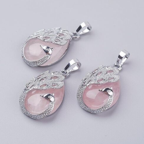 1Pcs Teardrop with Peacock Natural Rose Quartz Pendants, Gemstone Pendant with Brass Finding Platinum Pendants Charms for Necklace Bracelet Jewelry Making DIY Craft Making in Saudi Arabia