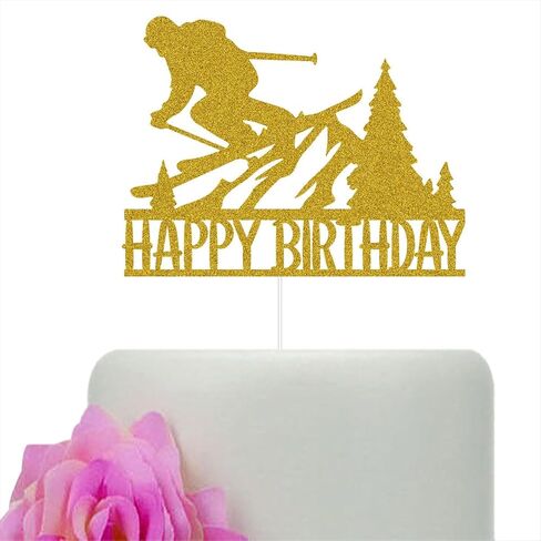 Skiing Happy Birthday Cake Topper, Ski Lovers Birthday Party Decoration, Winter Skiing Party Décor Gold Glitter in Saudi Arabia