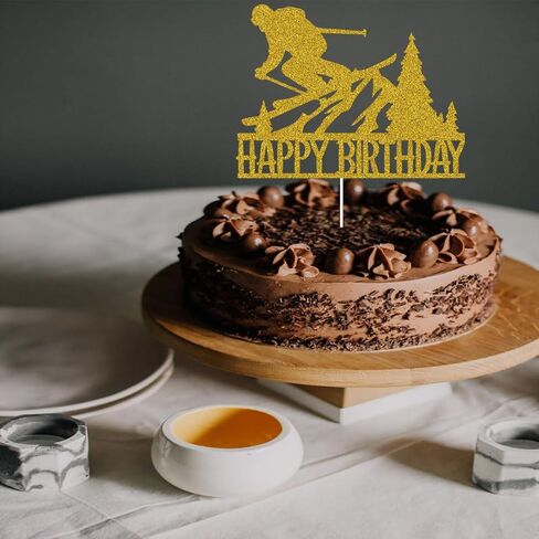 Skiing Happy Birthday Cake Topper, Ski Lovers Birthday Party Decoration, Winter Skiing Party Décor Gold Glitter in Saudi Arabia