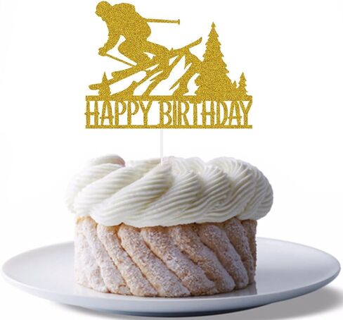 Skiing Happy Birthday Cake Topper, Ski Lovers Birthday Party Decoration, Winter Skiing Party Décor Gold Glitter in Saudi Arabia
