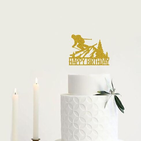 Skiing Happy Birthday Cake Topper, Ski Lovers Birthday Party Decoration, Winter Skiing Party Décor Gold Glitter in Saudi Arabia