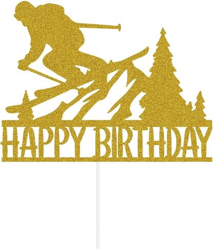 Skiing Happy Birthday Cake Topper, Ski Lovers Birthday Party Decoration, Winter Skiing Party Décor Gold Glitter in Saudi Arabia