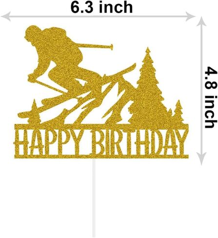 Skiing Happy Birthday Cake Topper, Ski Lovers Birthday Party Decoration, Winter Skiing Party Décor Gold Glitter in Saudi Arabia