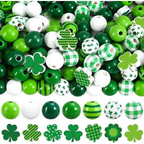 Whaline 207 قطعة من الخرز الخشبي لعيد القديس باتريك، خرز دائري فضفاض، شريط أخضر منقوش منقط، خرز حرفي على شكل نبات النفل لصنع سوار قلادة أيرلندي، ديكور منزلي للعطلات in Kuwait