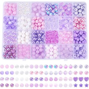 Pandahall 593pcs 8mm الخرز الأرجواني الاكريليك لصنع سوار، حورية البحر الأرجواني Kawaii متعة الخرز مجموعة مزيج البلاستيك جولة فضفاض الخرز DIY صنع المجوهرات قلادة in Saudi Arabia