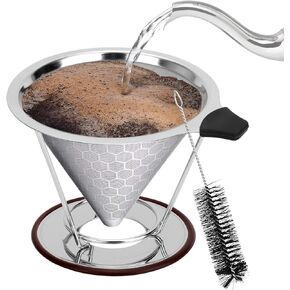 صب فوق منقط القهوة، ماكينة صنع القهوة من الفولاذ المقاوم للصدأ قابلة لإعادة الاستخدام لـ (1-4 أكواب)، سهلة التنظيف بدون ورق، مصفاة قهوة شبكية دقيقة مع حامل وفرشاة إضافية in Kuwait