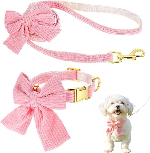 Dog Collar and Leash Set with Bowtie, Cute Pink Dog Collars Bow Metal Buckle Adjustable Corduroy Dogs Collar 10‘’-16‘’ for Small Medium Puppy Dogs with 5 FT Leash Pink S in Saudi Arabia