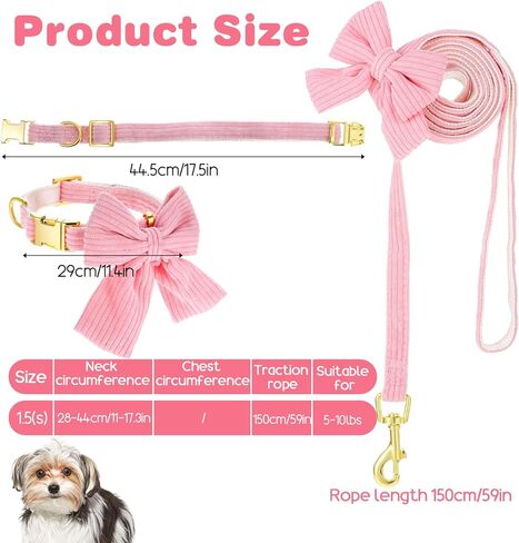 Dog Collar and Leash Set with Bowtie, Cute Pink Dog Collars Bow Metal Buckle Adjustable Corduroy Dogs Collar 10‘’-16‘’ for Small Medium Puppy Dogs with 5 FT Leash Pink S in Saudi Arabia