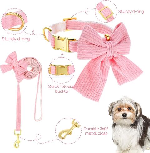 Dog Collar and Leash Set with Bowtie, Cute Pink Dog Collars Bow Metal Buckle Adjustable Corduroy Dogs Collar 10‘’-16‘’ for Small Medium Puppy Dogs with 5 FT Leash Pink S in Saudi Arabia