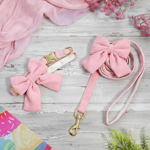 Dog Collar and Leash Set with Bowtie, Cute Pink Dog Collars Bow Metal Buckle Adjustable Corduroy Dogs Collar 10‘’-16‘’ for Small Medium Puppy Dogs with 5 FT Leash Pink S in Saudi Arabia