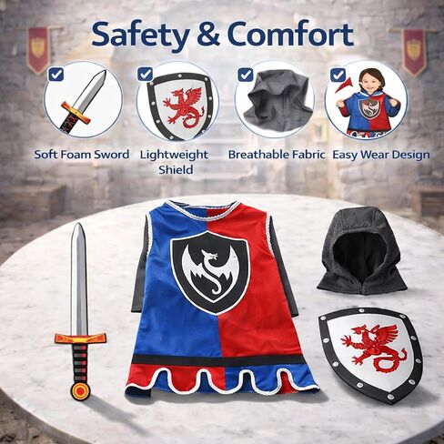 مجموعة ملابس تنكرية للأطفال من Liberty Imports مع غطاء محرك السيارة وعباءة، وسيف إسفنجي ناعم ودرع من العصور الوسطى، زي درع للأطفال، زي فارس التنين للفستان in Saudi Arabia